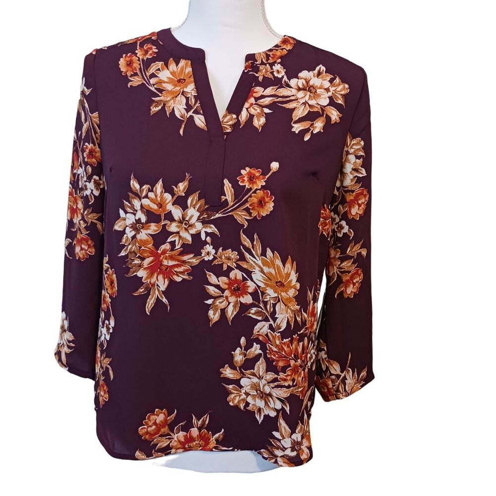 NEW Daniel Rainn XSP Redish Brown Floral Split Neck Hi-low Semi-sheer‎ Blouse